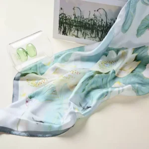 Hangzhou 100% silk scarf – 'Lotus Pond Moonlight' design, blending West Lake’s serenity with elegant Chinese ink-wash art. Perfect travel souvenir.